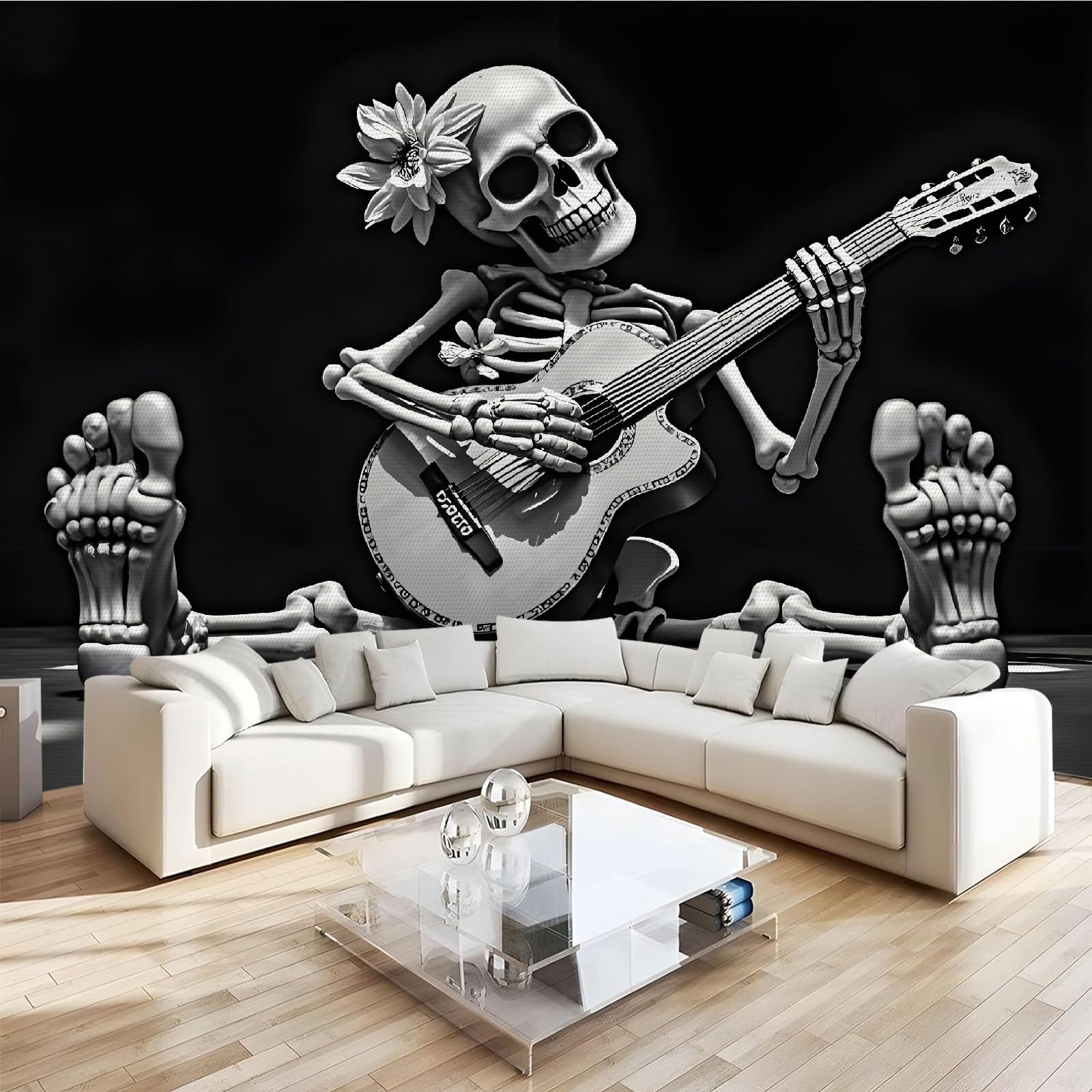 Papier peint panoramique 3D crâne guitare rétro déco salon 300x230 cm