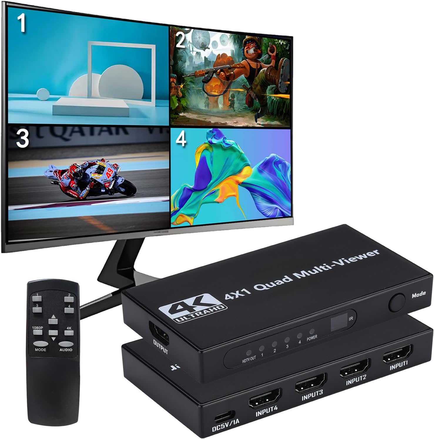 HDMI Multiviewer Switch 4x1, Quad Multi-Viewer 4 in 1 Out switcher with IR Remote, Support 4k@30hz 1080P@60Hz and 12 Display Modes for Security Camera, Gaming Consoles