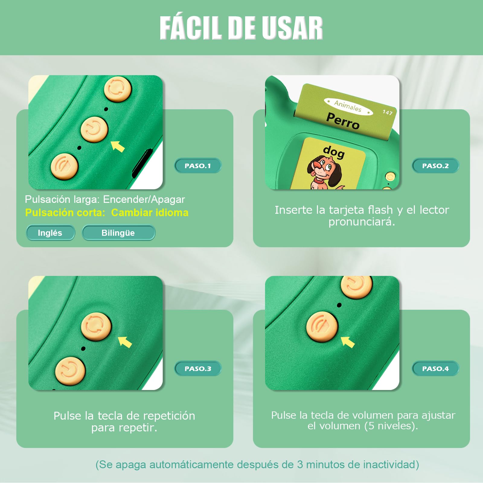 Tarjetas Flash Parlantes 510 Palabras Tarjeta Flash Parlante Juguetes Educativos Niños para 3+ Años 255 Tarjetas Flash Parlantes Juguetes de Aprendizaje Talking Flash Card (España Verde)