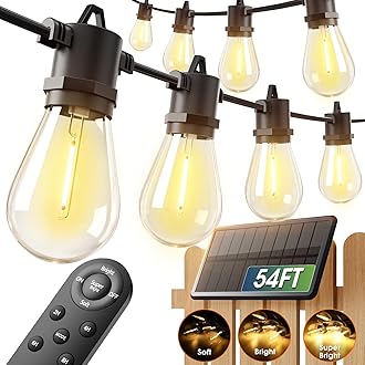 addlon 54FT(48+6) Solar String Lights Outdoor Waterproof with USB Charging & Remote Control - Dimmable Solar Power Patio Lights with LED Bulbs for Porch, Garden, Yard, Market, Bistro - Last for 20+Hrs