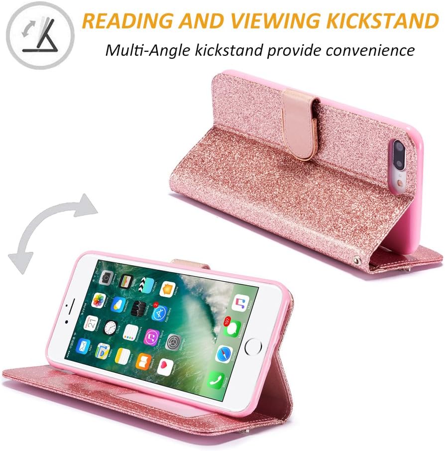 UEEBAI Wallet Flip Case for iPhone 6 Plus 6S Plus, Premium Glitter Glossy PU Leather Case with Diamond Buckle [Card Slots] [Magnetic Clasp] Stand Function Gems Strap Handbag Soft TPU Cover -Rose Gold