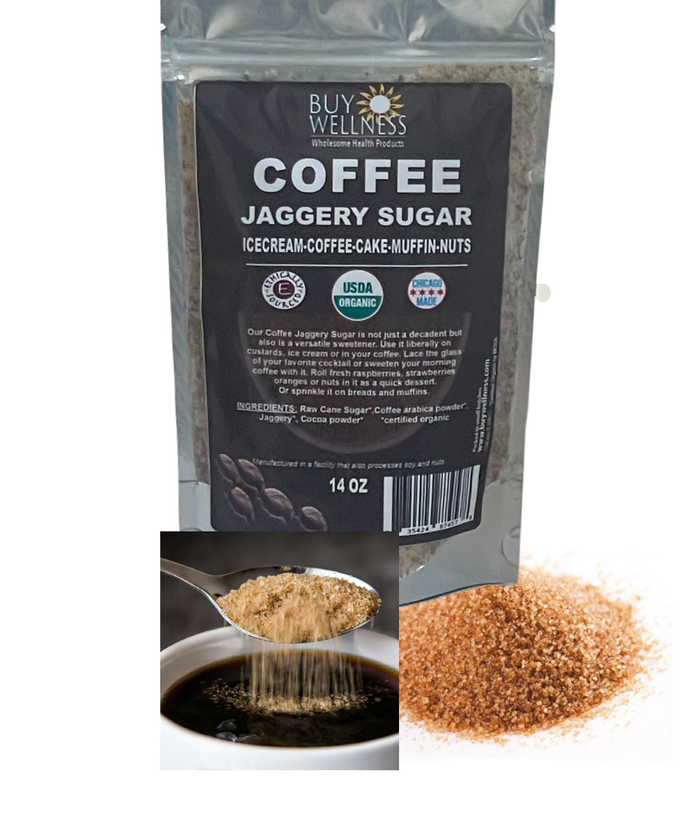 uy Wellness Organic Coffee Jaggery Sugar Real Coffee Turbinado Sugar Low Glycemic Jaggery Vanilla Hint Non GMO No Artificial Flavor Baking Cocktails