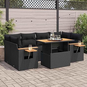 7 Piece Garden Sofa Set with Cushions Black Poly Rattan Acacia-Furniture,Outdoor Furniture,Outdoor Furniture Sets