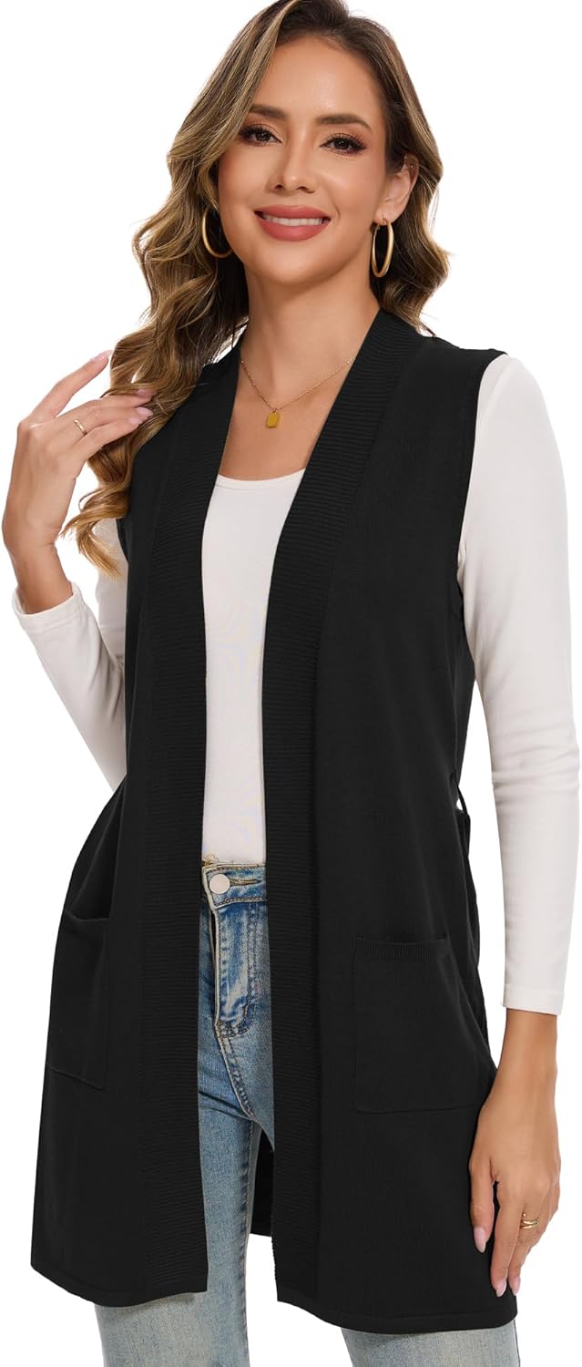 Moss Rose Long Vest for Women Sleeveless Cardigans Ribbed Knit Outwear with Belt and Pockets - Image 3
