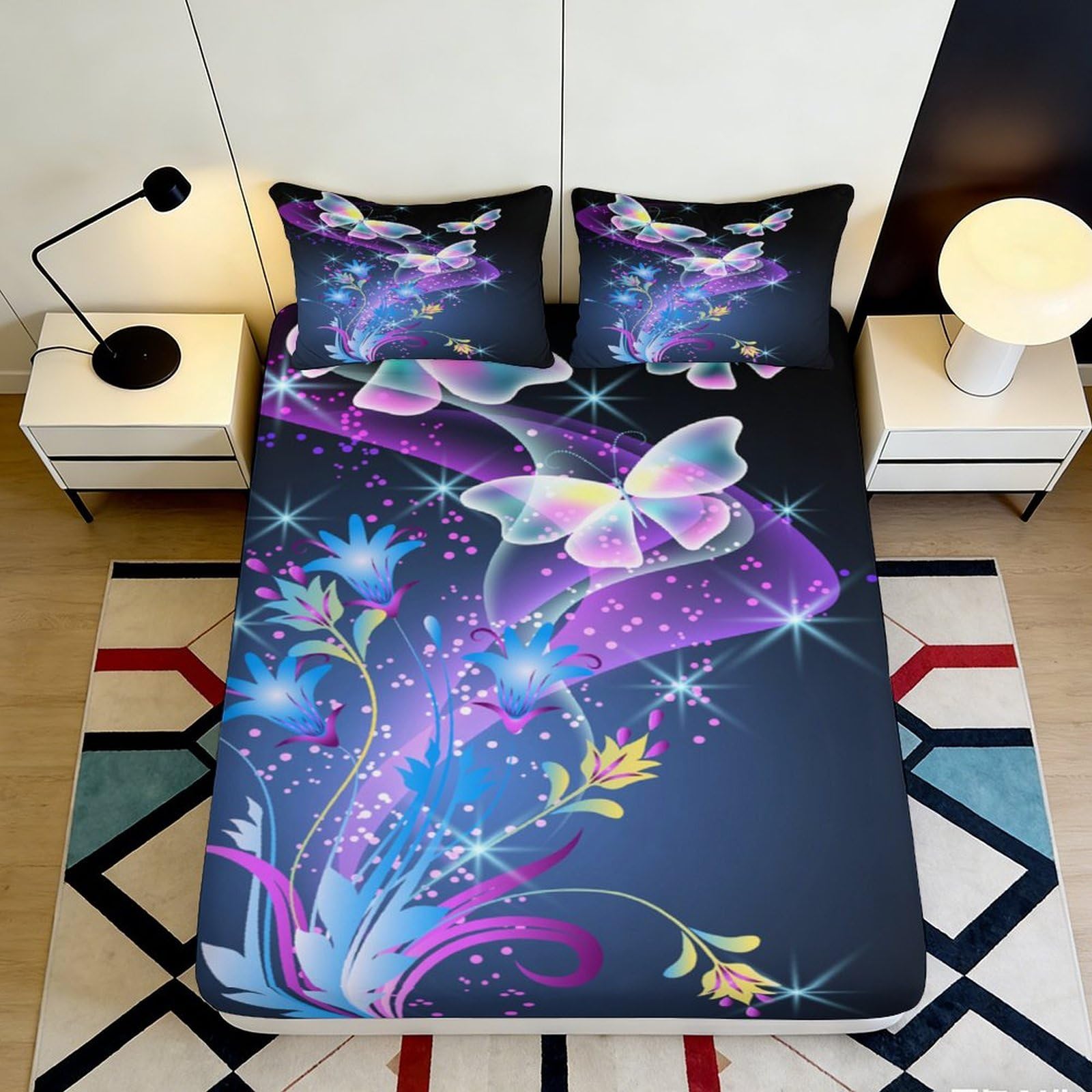 3D Printed Butterfly Dream Fitted Sheet Microfiber Soft Floral Night Mattress Cover for Bedroom Decor 90x200x25cm