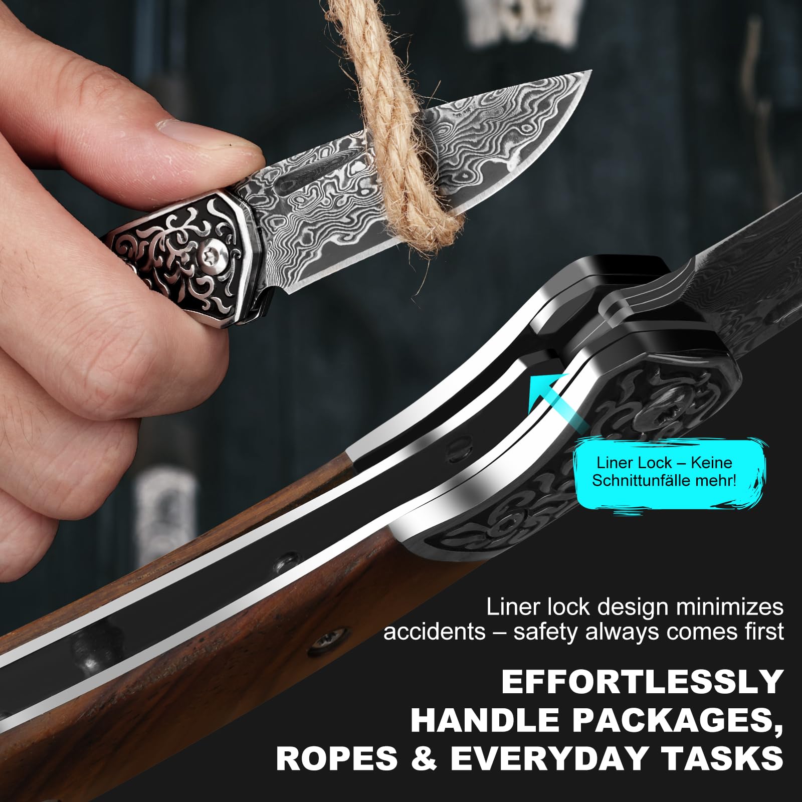 DRACHENADER Damast-Taschenmesser – 67 Lagen VG10 Damaststahl, handgeschmiedet, §42a-konformes Zweihandmesser mit Liner Lock und Holzgriff, EDC-Klappmesser für Camping, Survival