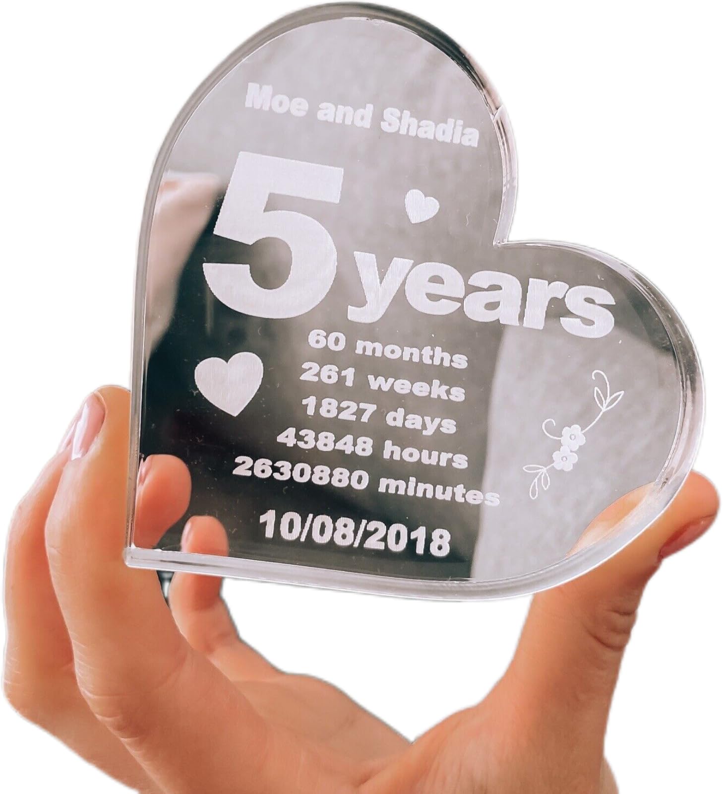 Celebrate 5 years of love with our personalized acrylic heart, perfect for him, her, husband, or wife. A thoughtful keepsake to cherish the milestone anniversary.