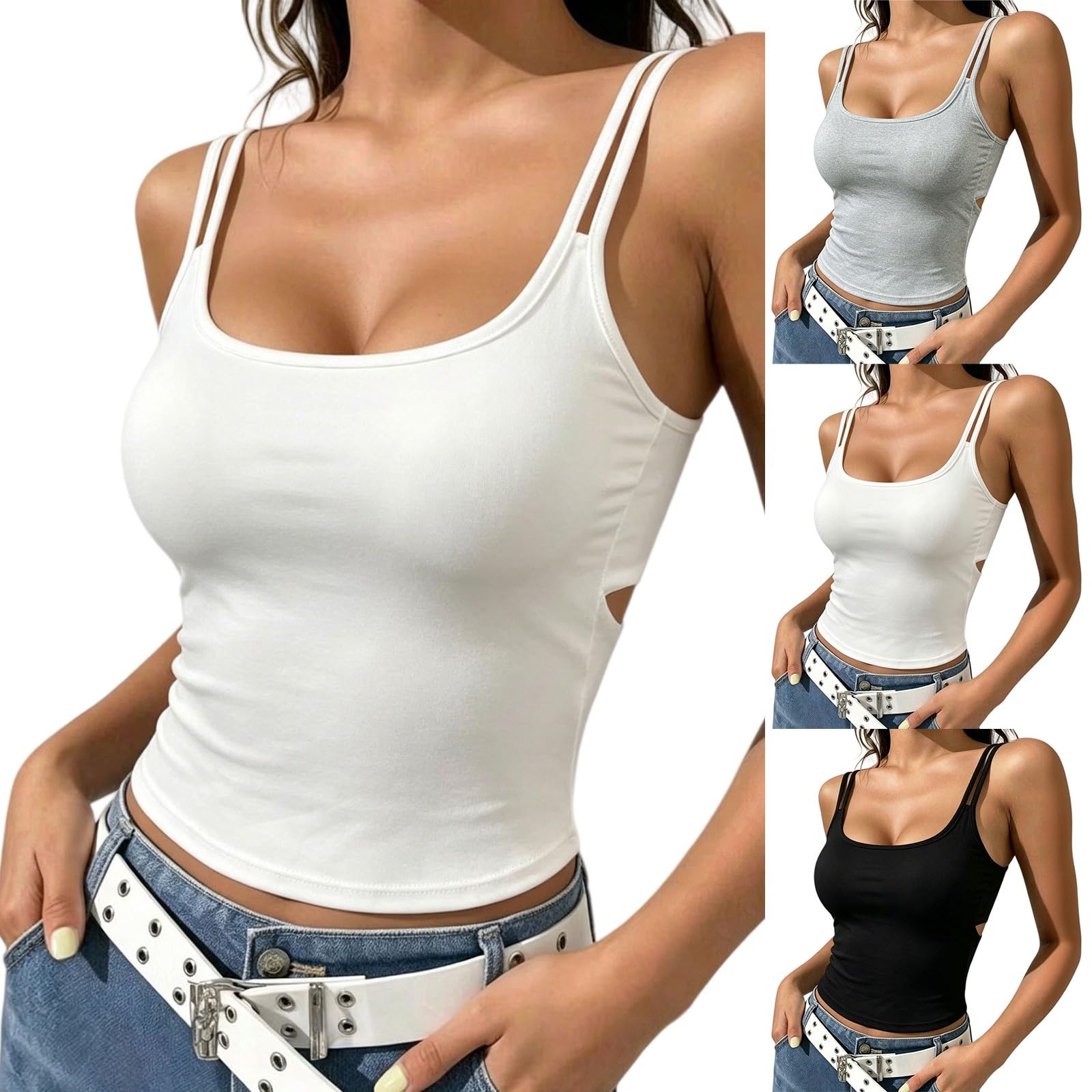 Crop Tanktops Mit Integriertem BH Für Damen Unterhemd Sommer Ärmelloses Spaghetti Shirt Einfarbig Basic BH-Hemd Sommer Oberteile Ärmellos Trägershirt Slim-Fit Camisole Y2K Cropped-Tops
