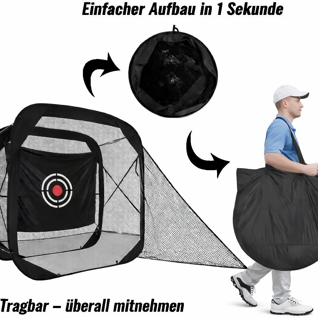 Golfnetz 210x120x210 cm: Golf Übungsnetz mit flexiblem Flachstahlrahmen, Glasfaserstäben und merzerisiertem Zieltuch