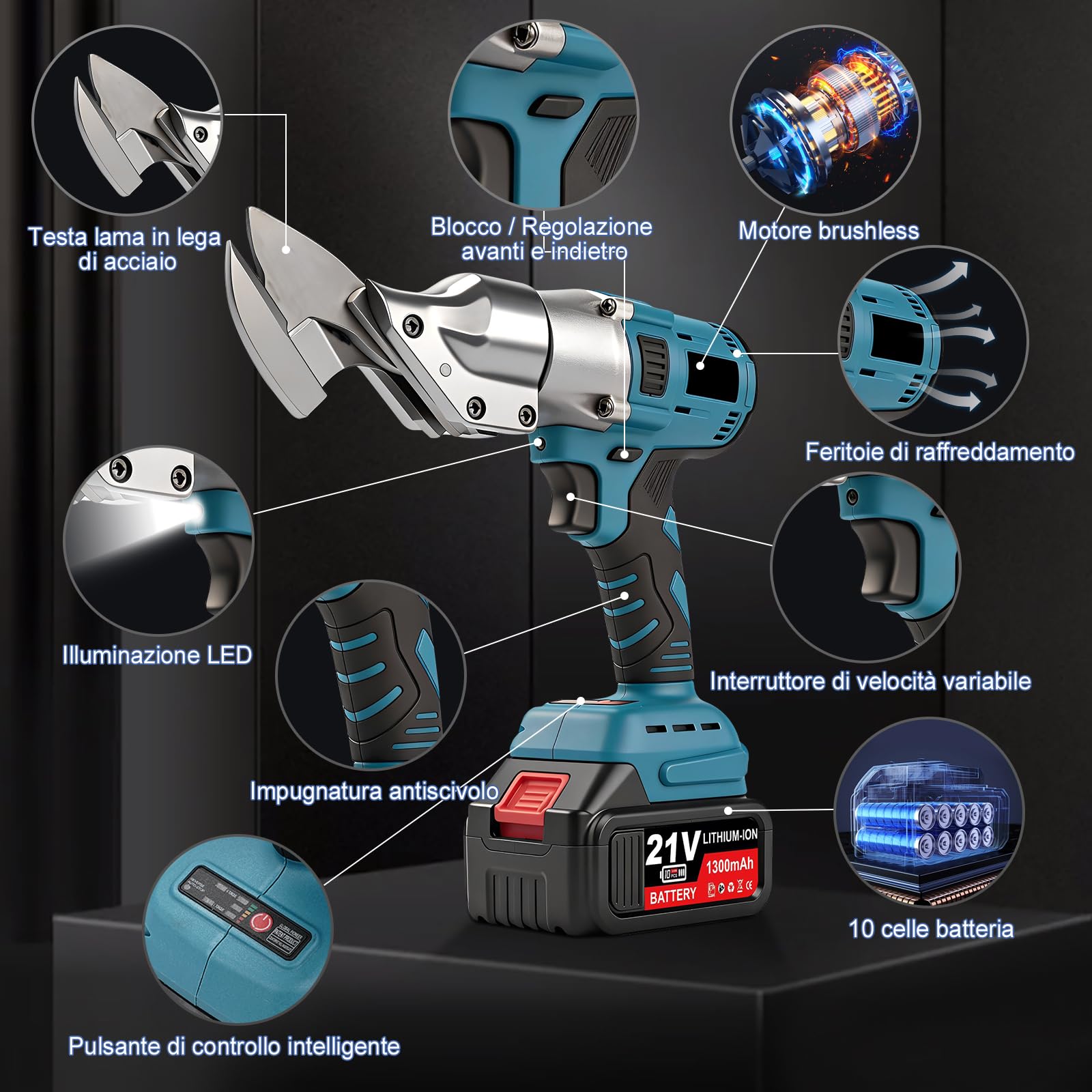 Cesoie elettriche per lamiera a batteria, 21 V