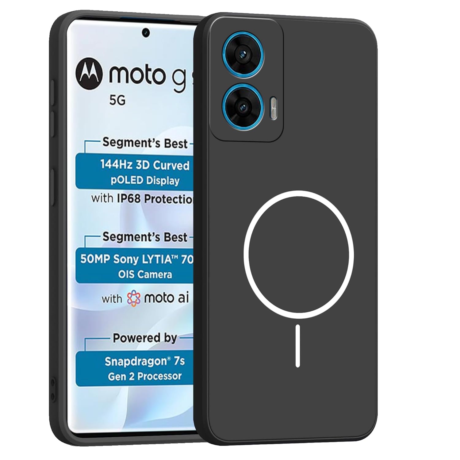 amazon basics Back Cover for Moto G96 5G | Ultra Slim Soft Rubberised Case | Magsafe Logo Printed (Not Magsafe Compatible) | Camera Protection – Black