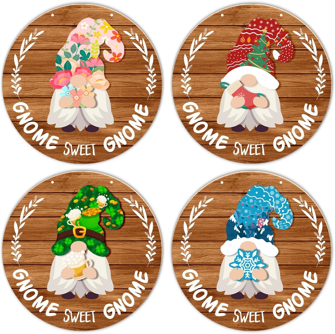 Interchangeable Gnome Welcome Sign St. Patrick's Day Door Decorations, Changeable Seasonal Front Porch Decor Wood Wreath Gnomes Gifts for Spring Summer Fall Winter All Seasons Holiday, Light Brown - Image 3