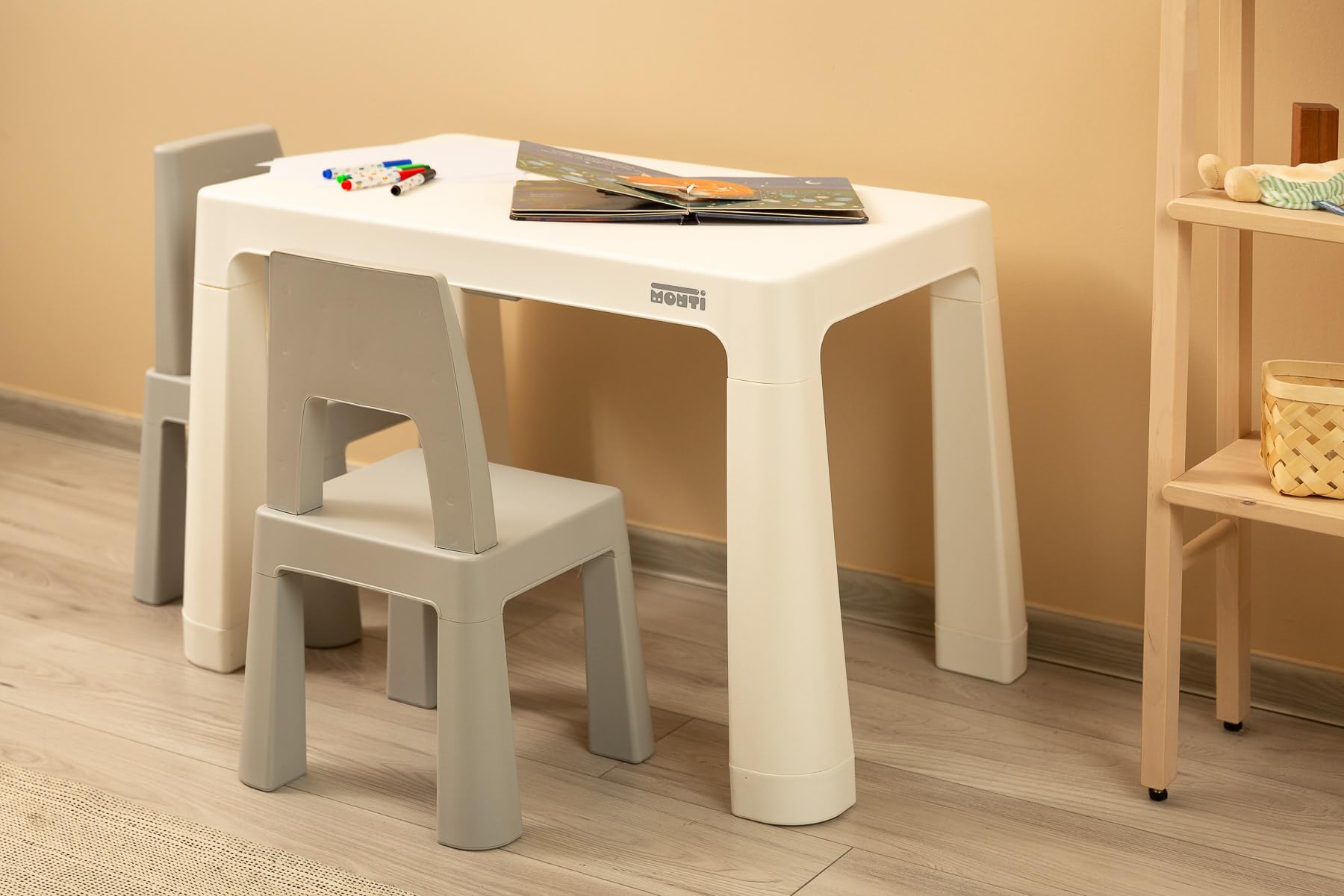 IKS2 Toyz Monti - Mesa infantil con 2 sillas, a partir de 3 años, juego de mesa y 2 sillas para niños, mesa y sillas pequeñas de plástico, para exterior e interior, color gris