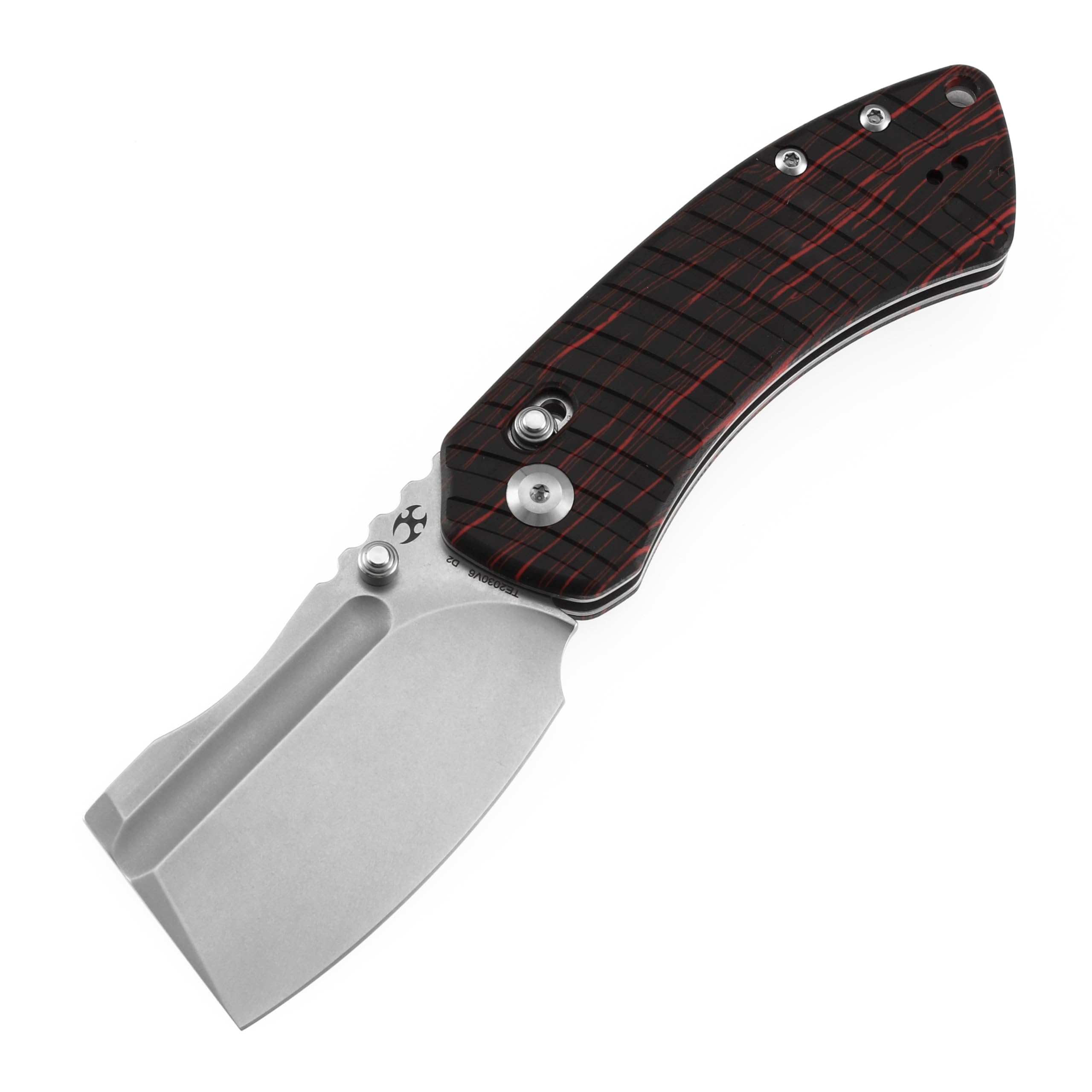KANSEPT Korvid V Pocket Knife, 2.91''America Stonewashed D2 Blade, Red & Black G-mascus Striped pattern Handle, Thumb Stud with Crossbar Lock,Double