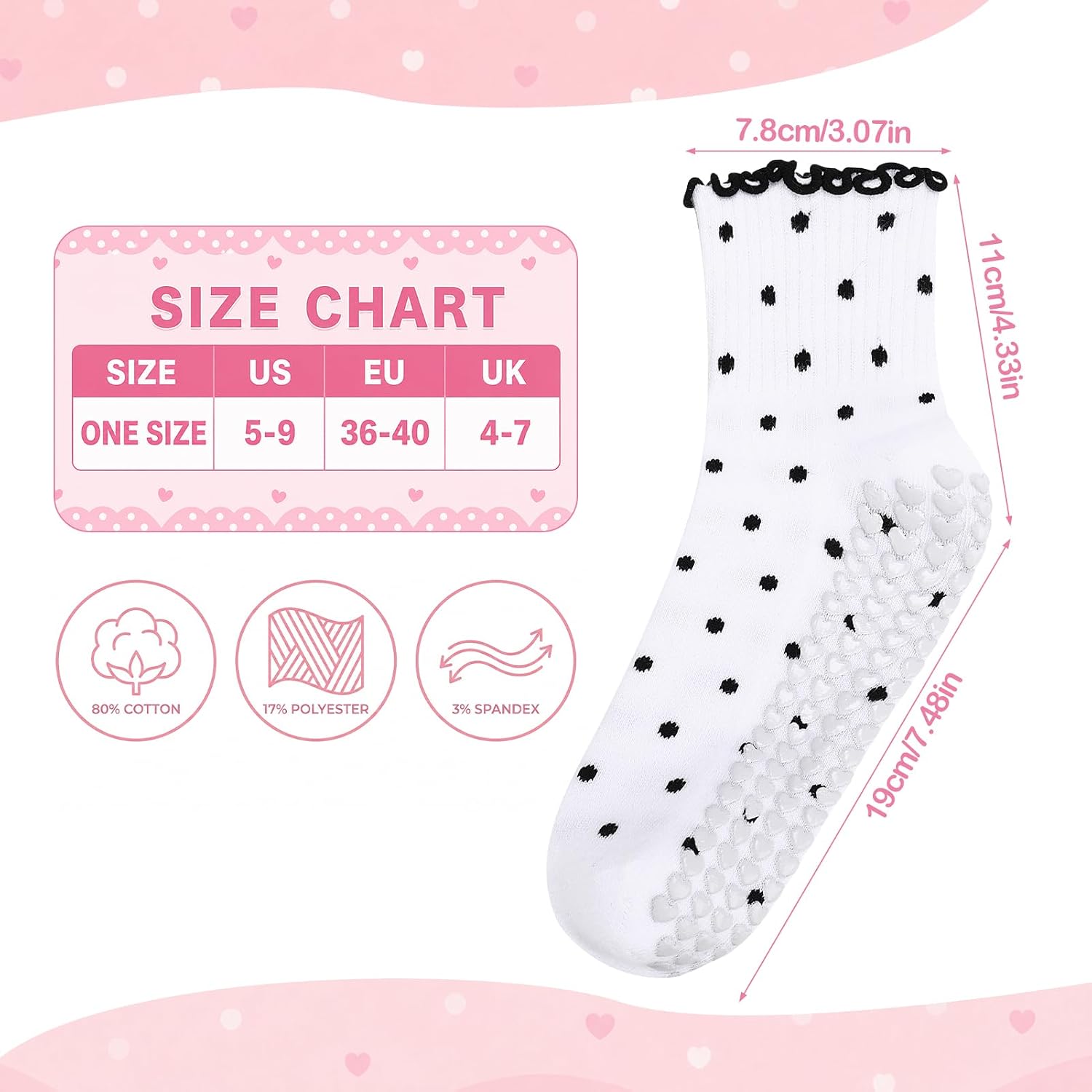 3/4 Pairs Cute Ruffle Polka Dot Pilates Socks for Women Non Slip Heart Grip Socks for Yoga Barre Dance
