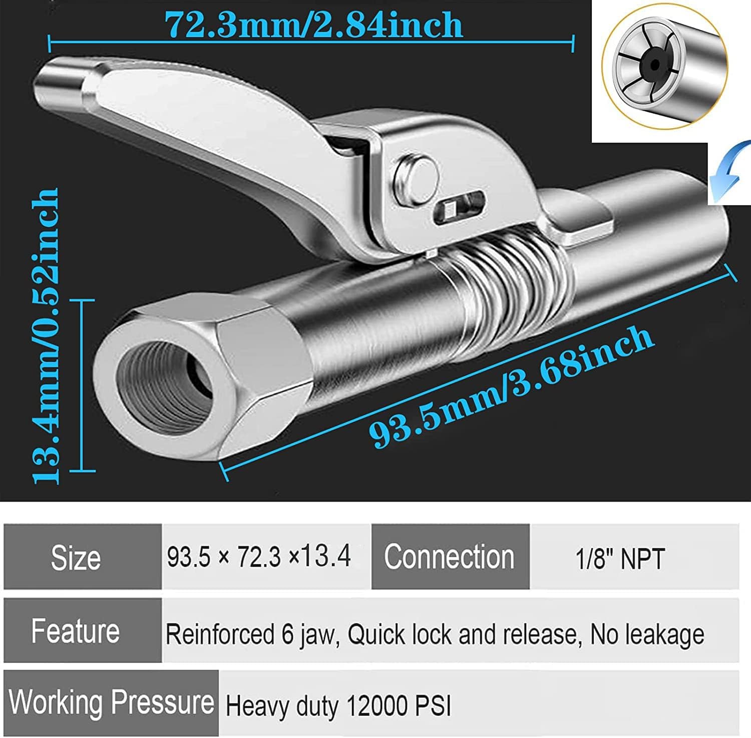 Grease Gun Coupler, High Pressure Grease Nipple, Fast to Lock and Release Grease Gun, Rated 12000 PSI, Compatible with All Grease Guns 1/8" NPT Grease Gun Fittings -1PC