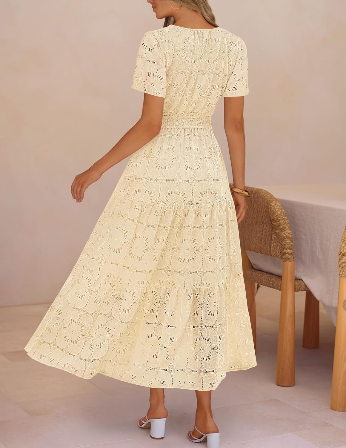 MEROKEETY Women's Summer Floral Maxi Dress 2026 Spring Boho Vacation Eyelet Lace Short Sleeve A Line Tiered Flowy Dresses - Image 3