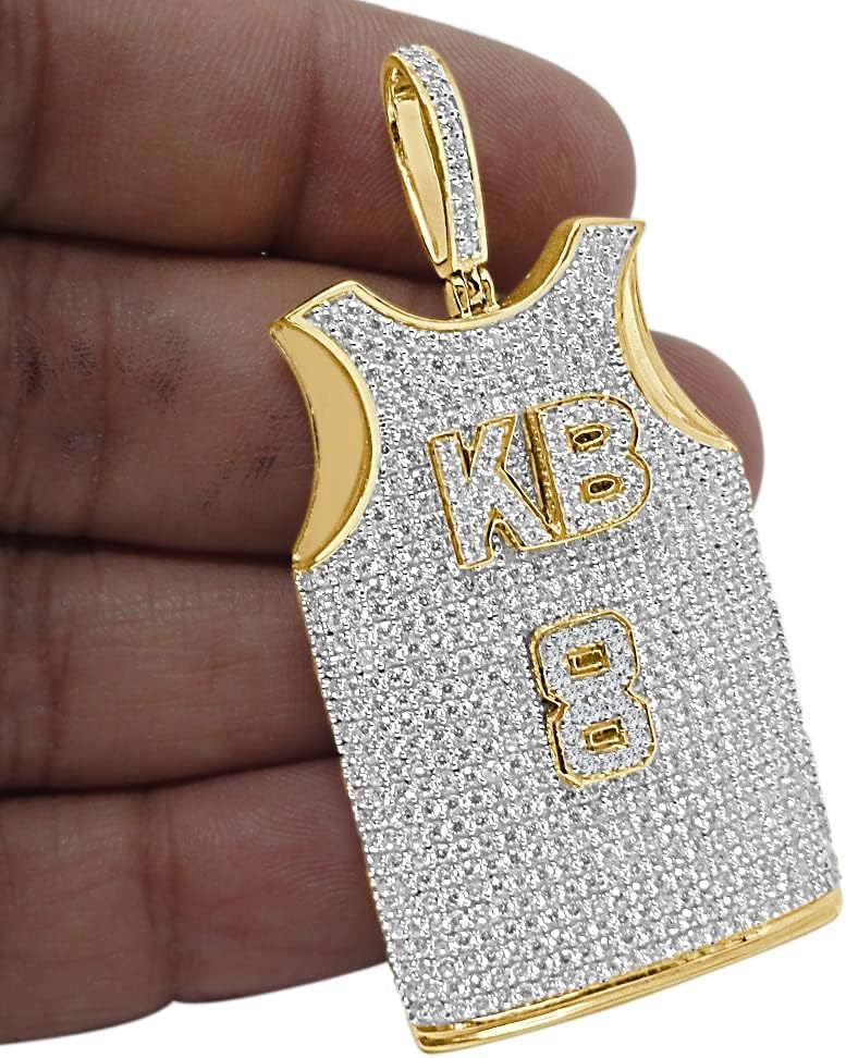 VVS1D 4.66 CT. Real Italian Sterling Silver Simulated Diamonds 14K Gold Finish KB 8 Basketball Jersey Sports Charm Pendant 2.50 Inch.