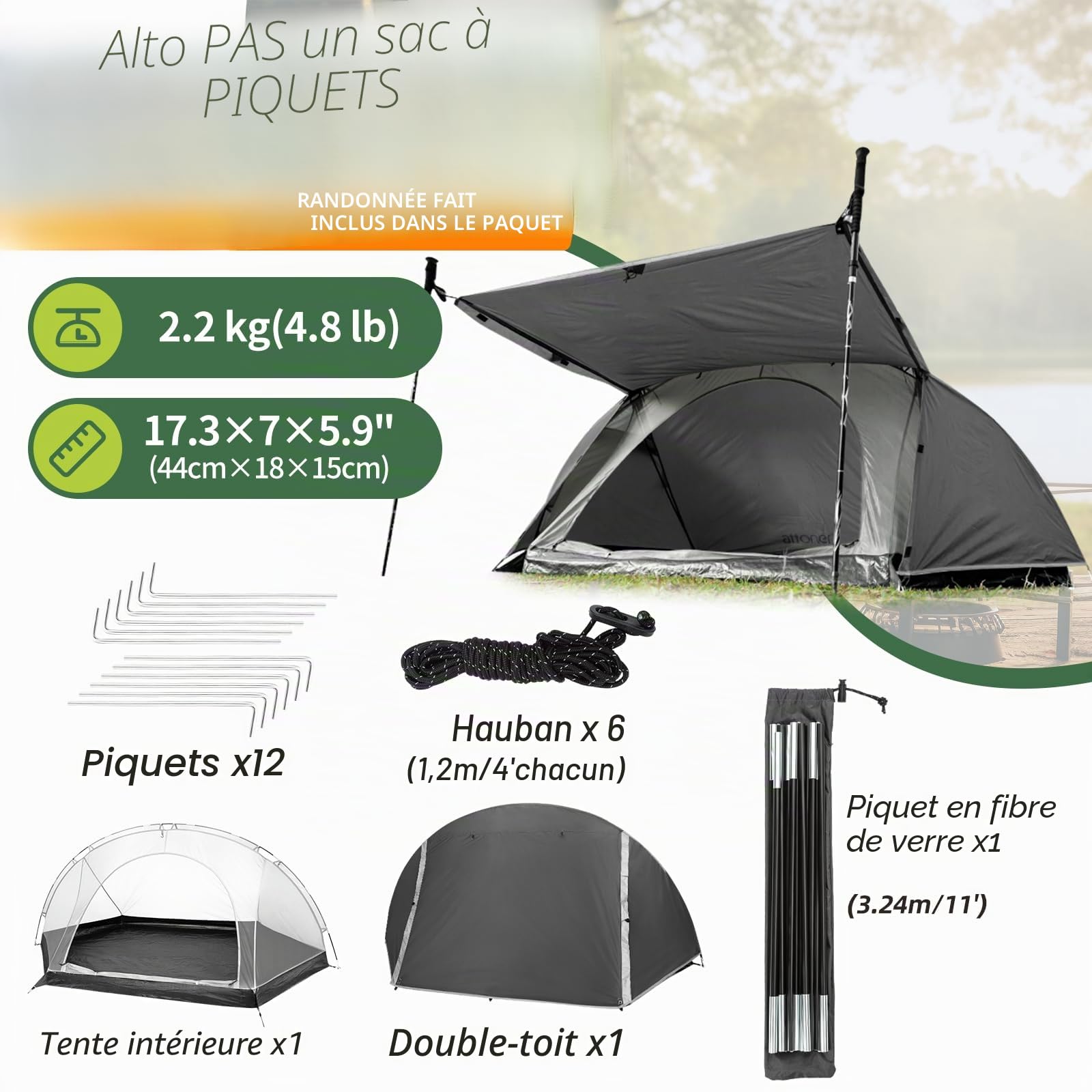 Tente de Camping pour 1-2 Personne, Tente, avec Installation Facile, Petite Taille Une Fois repliée Ultra légère Portable, Imperméable pour randonnée, Alpinisme, Camping