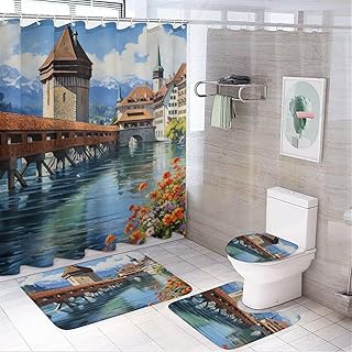 4 Piece Bathroom Shower Curtain Sets Non-Slip Rugs and Toilet Mat Lid Rug Accessories Chapel Bridge Lucerne,Switzerland Oil Painting Waterproof Fabric Bath Curtain Retro Art Painting