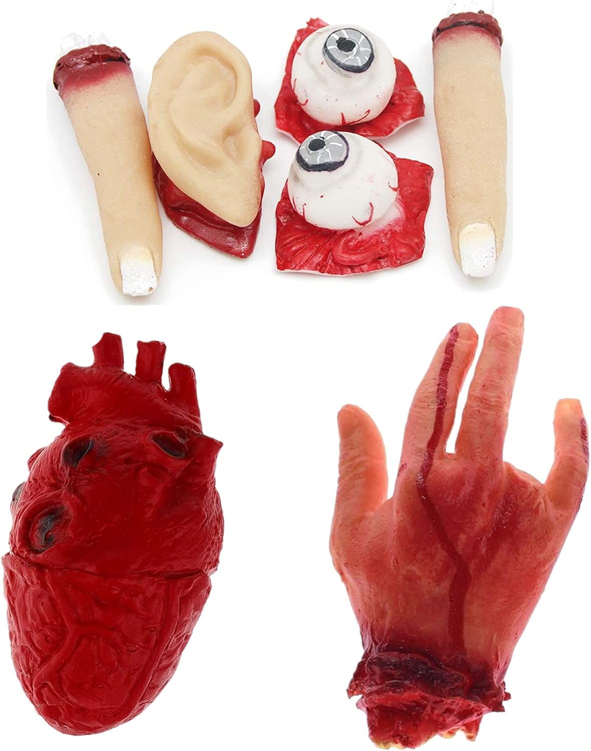 alfyng 7 Pcs Scary Halloween Blood Props, Fake Severed Broken Body Parts - Severed Hand, Human Heart, Broken Fingers, Gouged Eyeballs and Ears for Halloween, Haunted House Zombie Party Decorations