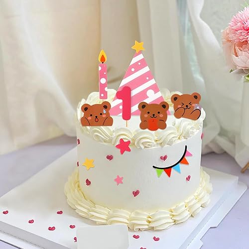 Miniatura 6 de Ercadio Paquete de 20 adornos para tartas de oso de feliz cumpleaños, diseño de oso de peluche rosa, globo, nube, pasteles, para temática de oso,