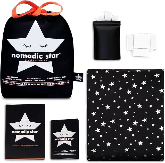 Nomadic Star Temporary Blackout Blinds Support Quality Sleep. Beautiful Easy Fit Blackout Blinds Stick On With Suction & Frame Fasteners for Max Hold | Sliver Back Reduces Heat | Adjustable 130x200