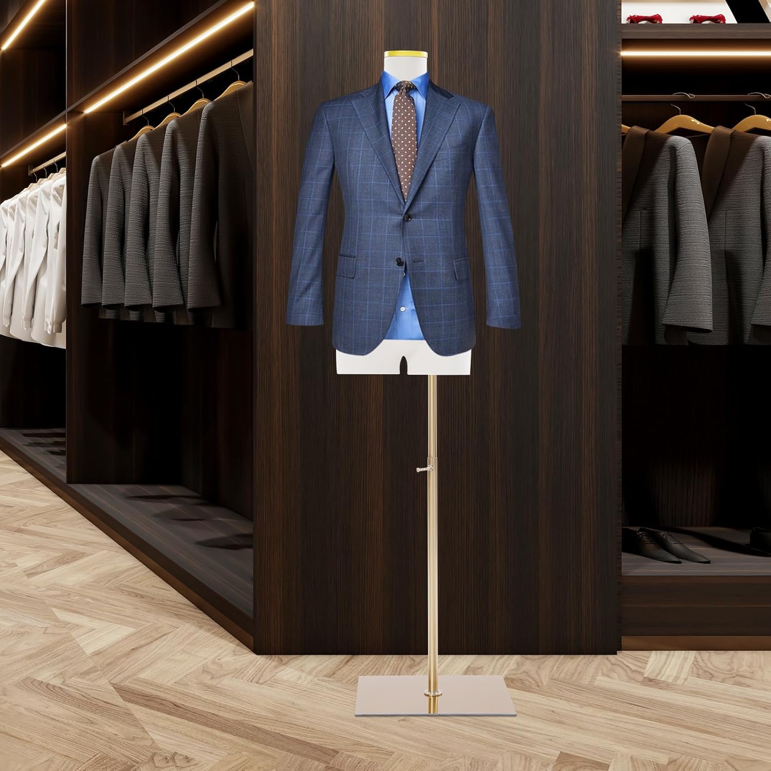 Adjustable Male Torso Mannequin, White Half Body Display Form with Stand, 17.72" Shoulder & 27.6-51.2" Height, Modern Store Mannequin for Clothing Boutique (Gold)