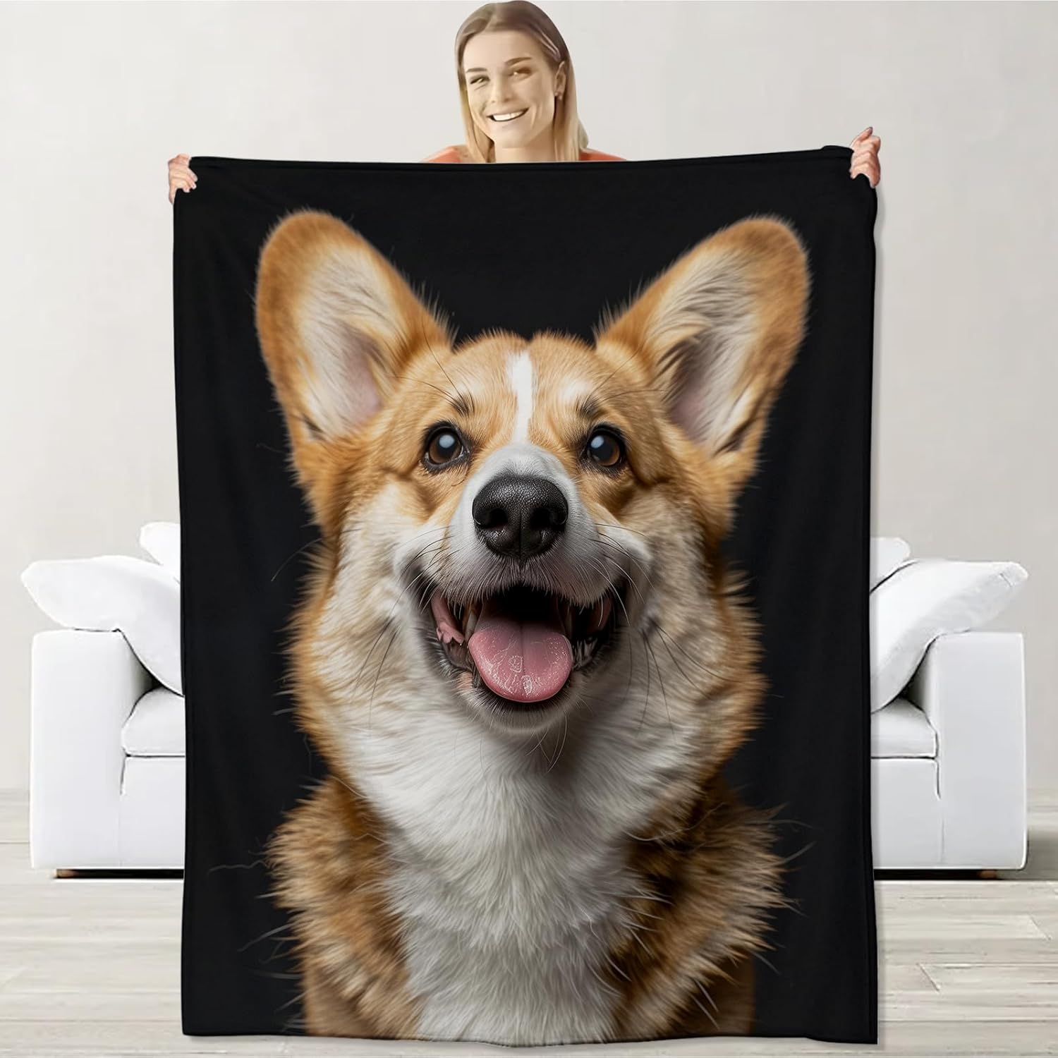 Cute Corgi Dog Blanket for Girls Boys Kids, Flannel Realistic Minimalist Blankets Gifts, Puppy Portrait Soft Warm Cozy Throws for Sofa Couch Bed Living Room Bedroom Home Decor 60" x 50"