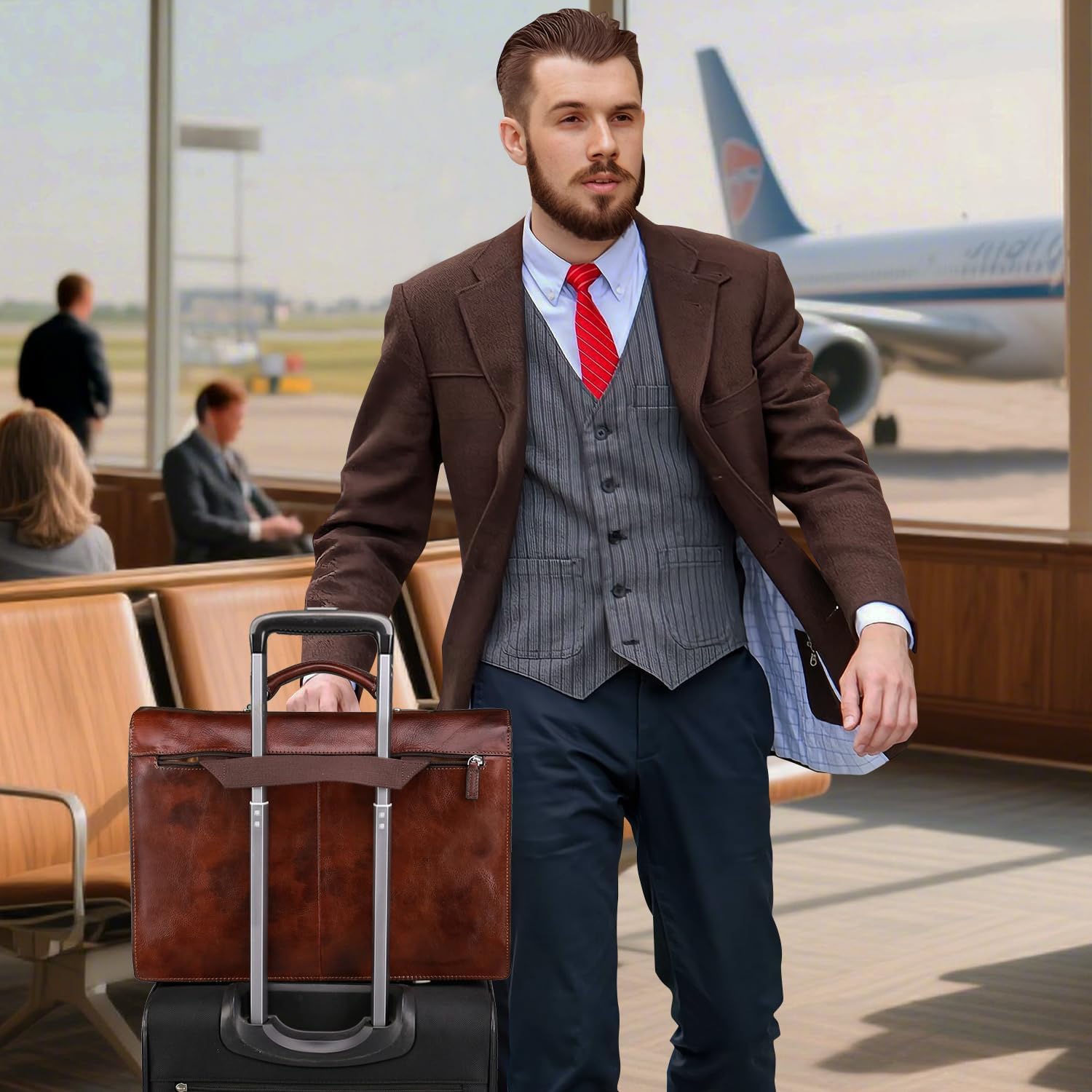 Banuce Vintage Full Grain Italian Leather Briefcase for Men 15.6 Inch Lawyer Briefcase with Lock Legal Attorney Bag with Luggage Strap Gradient Brown - Image 7
