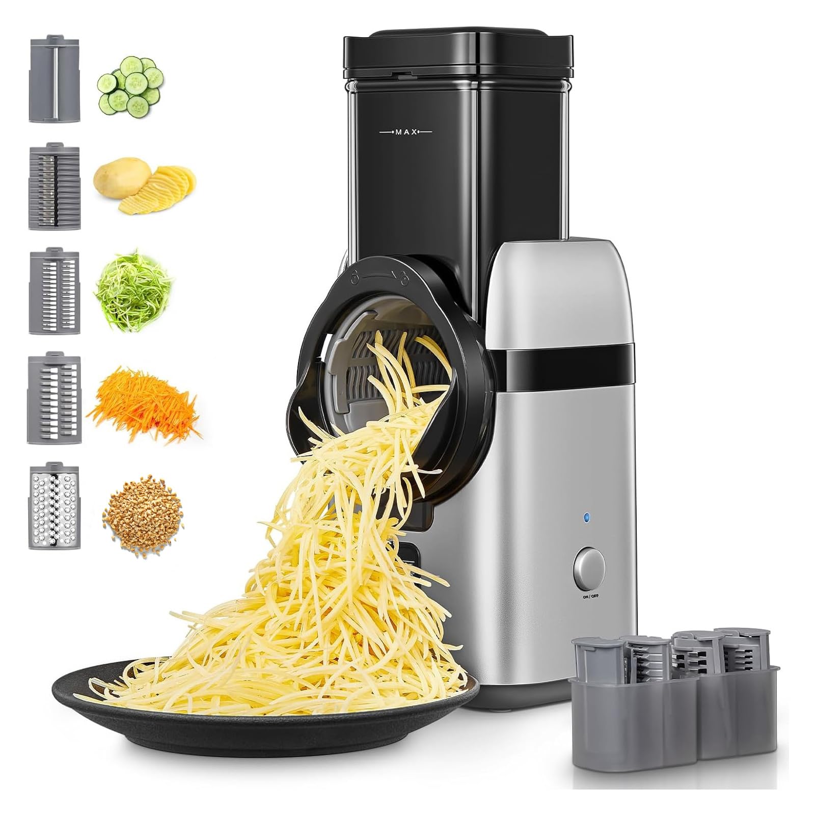 FOHERE Tritatutto Elettrico 5 IN 1 Grattugia Multifunzione per Verdura, Taglia Verdure con 5 Lame e Scatola di Stoccaggio, Grande Scivolo di Alimentazione per Patate intere, Formaggio e Noci