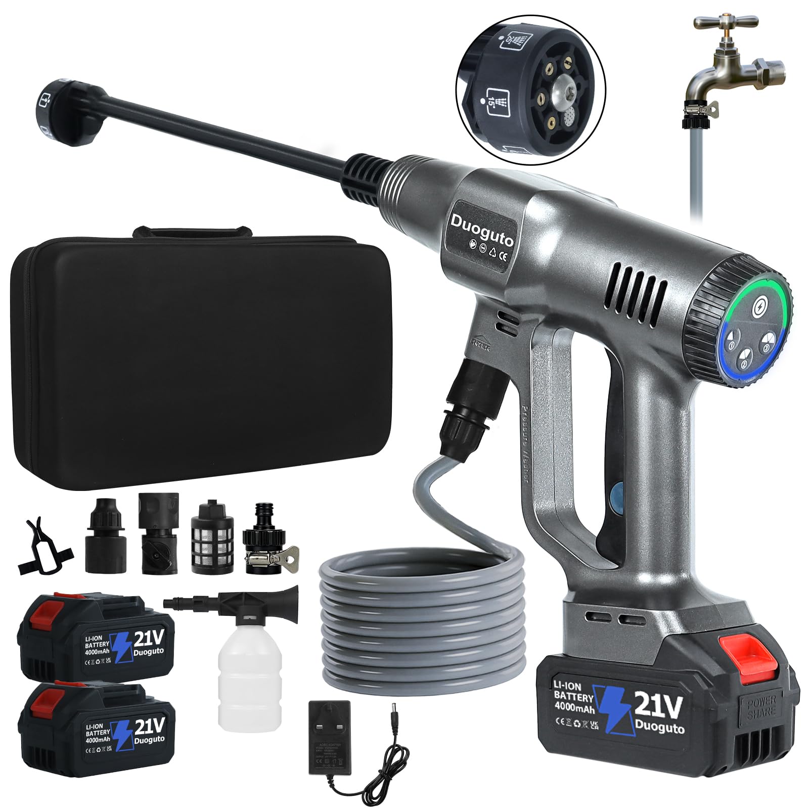 Duoguto 21V Cordless Pressure Washer, 100Bar Brushless Power Washer, 3-Speed Adjustable, Battery Powered Jet Washer Portable with 2x 4.0Ah Batteries for Car, Patio, Garden Cleaning (Grey)