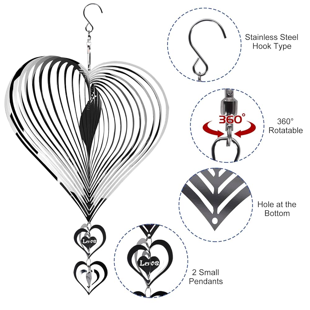 Campanello Eolico A Cuore In Acciaio - Decorazione Da Giardino, 20x15 Cm, Argento, Design Rotante