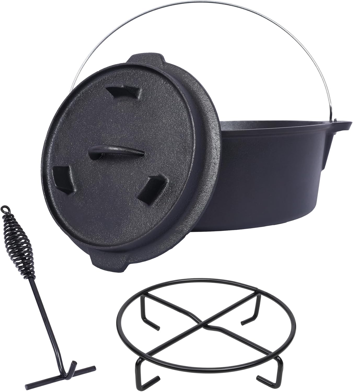 Cast Iron Camping Dutch Oven with Lid Lifter and Rack, 2-In-1 Pre-Seasoned Skillet Lid Cooking Pan with Pull Ring, Use on the Stove, on the Grill, Campfire & Stovetop Safe, 4.5 Quart/6 Quart/8 Quart/12 Quart (4.5 QT)