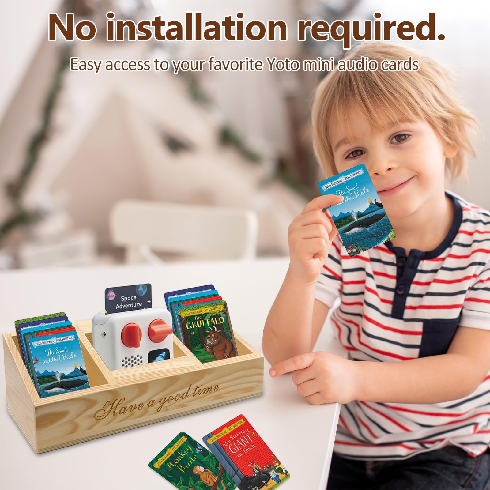 SECOAT Wooden Holder Compatible with Yoto Mini Player (2024 Edition) and Yoto Cards,Wood Storage Box with 3 Compartments for Display Kids Bluetooth Audio Speaker,Kids Audio Cards