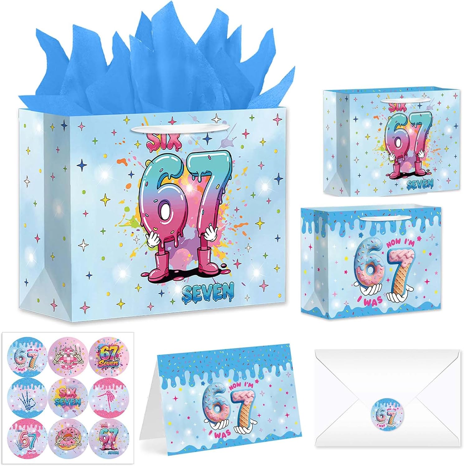Qpout 1PCS 6 7 Birthday Gift Bags Funny 67 Meme Ice Cream Party Favor Bags with 2 Tissue Paper, Card, Envelope & Stickers,Blue Six Seven Party Decorations for Girls Boys, Teens, Meme Lover( Double-Sided Design)