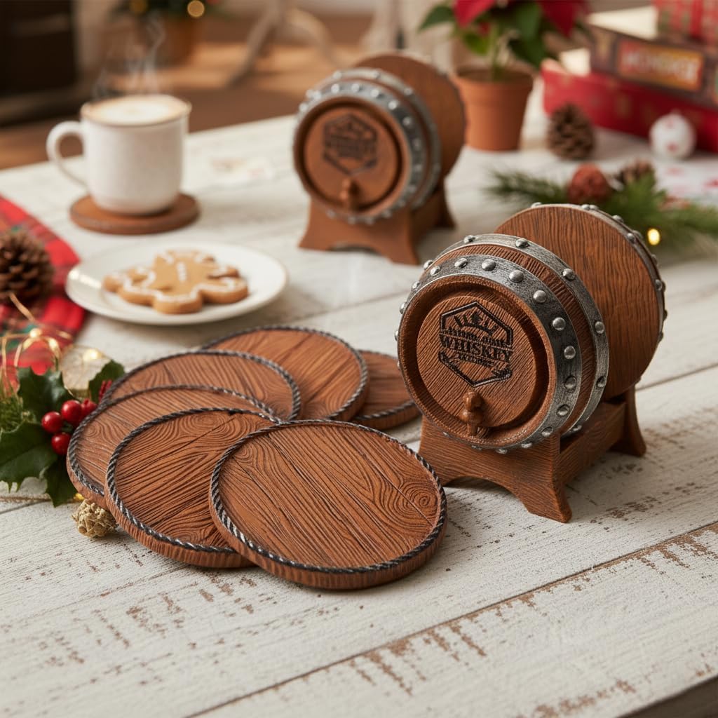 Whiskey Barrel Coasters Set 6 Full Size Non-Slip Cabin Decor Bar Coasters, Indoor Christmas Decorations, Man Cave Gifts for Men and Whiskey Lovers, Rustic Handmade Cup Coaster for The Home