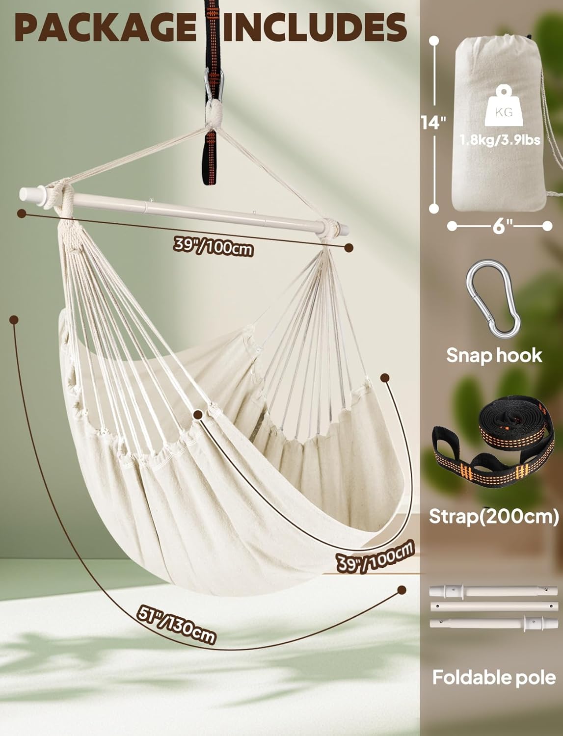 Chihee Hammock Chair Swing Chairs Strong Metal Collapsible Spreader Bar Portable Hanging Chair Max 500 lbs Comfy Seat Patio Lawn Cotton Blended for Superior Comfort Durability Indoor Outdoor - Image 3