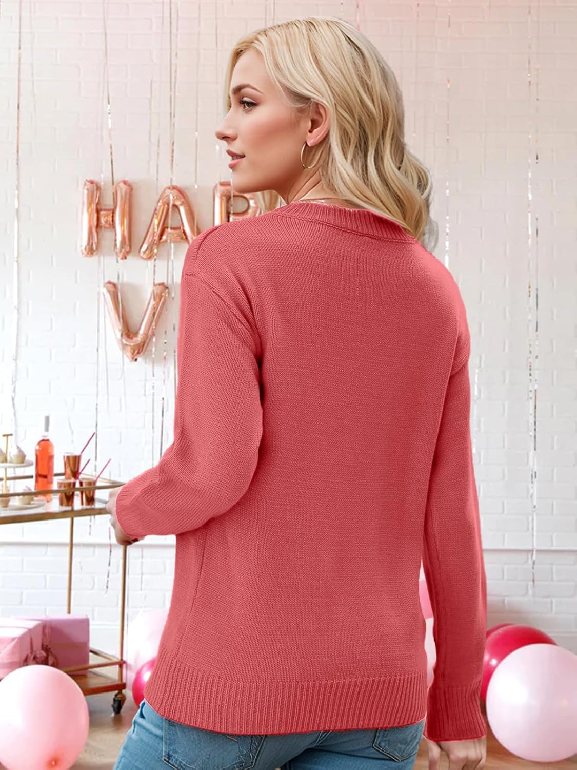 Heart Sweater for Women Valentines Day Gifts for Her Red Sweaters Crewneck Long Sleeve Lightweight Cute Tops - Image 2