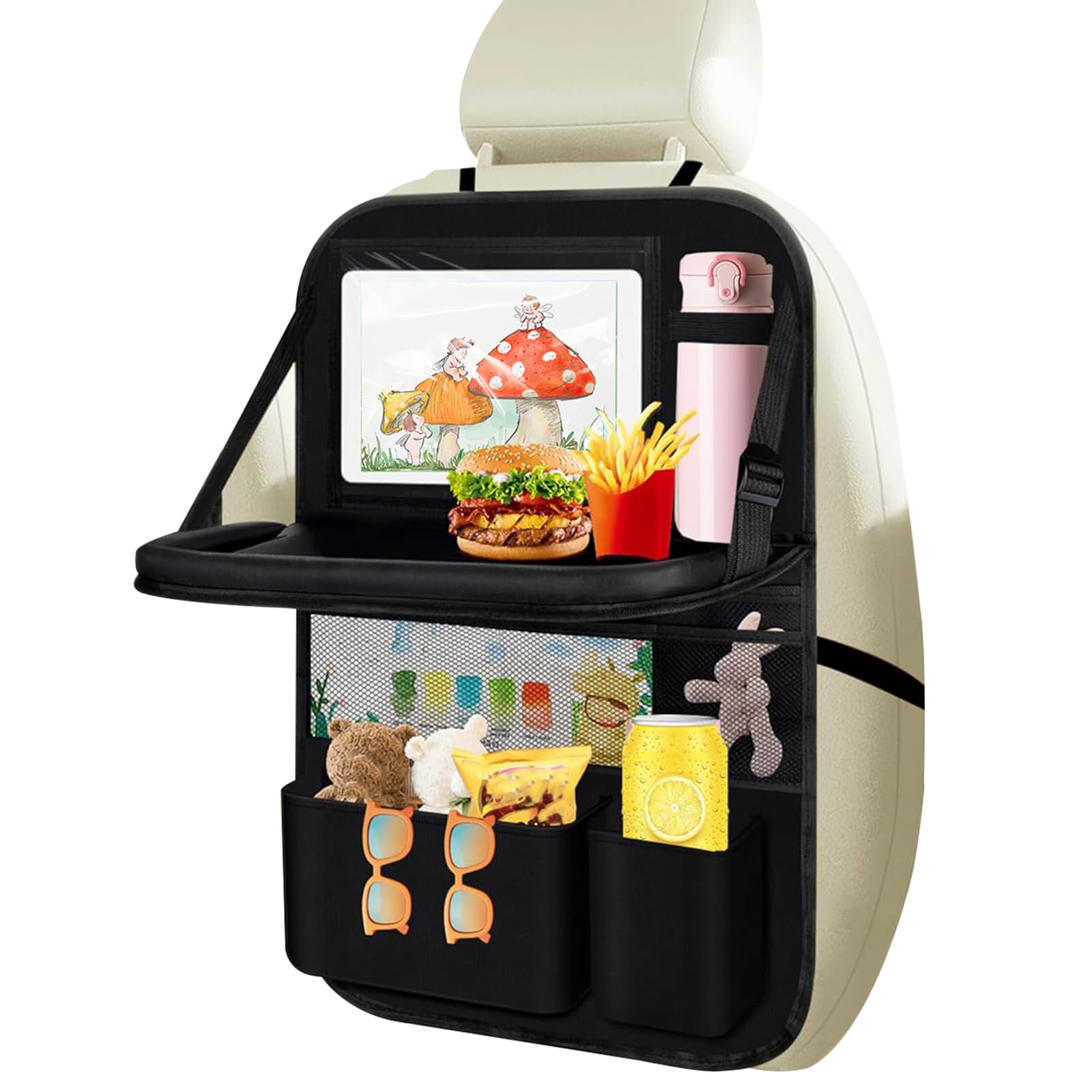 Guijzsltrg 1Pcs Car Seat Organiser For Kids Multifunctional Waterproof Car Seat Back Protectors Kick Mats With Foldable Tray And Many Pockets 61X42cm Large Storage Bag Travel Accessories For Books, Toys, Snacks