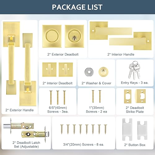 Miniatura 7 de EHOMEWARE Juego de manijas de puerta delantera doble de latón, palanca de puerta cuadrada resistente dorada y cerrojo de un solo cilindro combinado