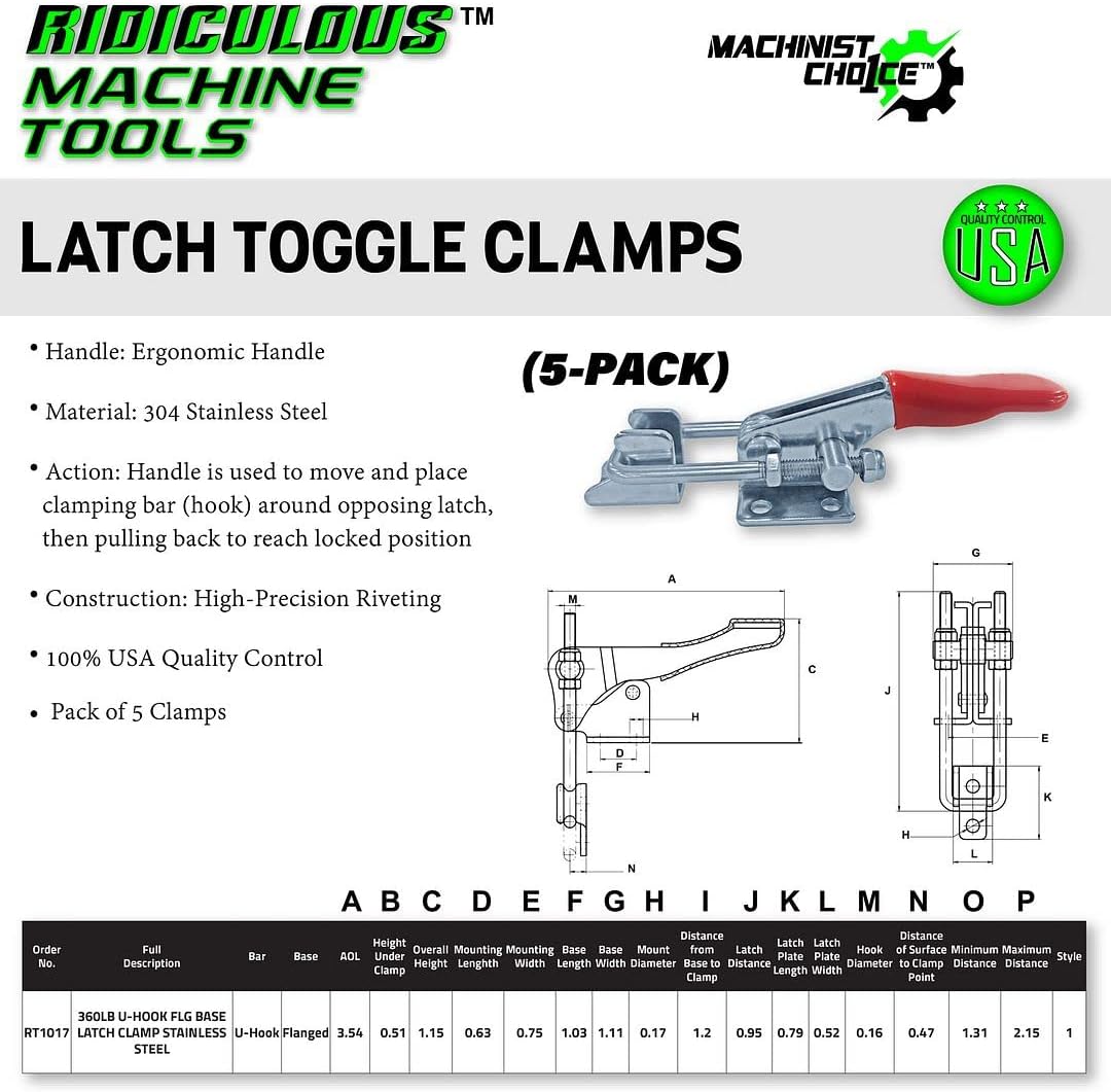 (5 Pack) 360LB U-HOOK FLG BASE LATCH CLAMP STAINLESS STEEL