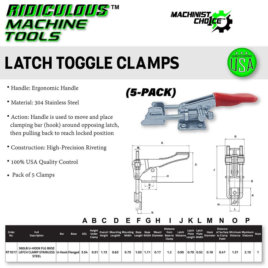 (5 Pack) 360LB U-HOOK FLG BASE LATCH CLAMP STAINLESS STEEL