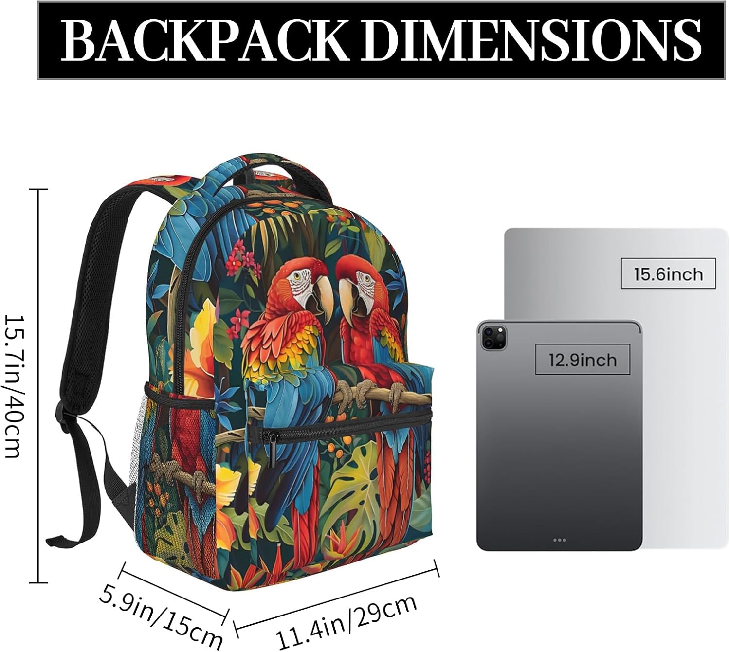 Parrot Backpack, Travel Backpacks Laptop Rucksack for Women, School Bookbag for Kids Girls Boys Teens, Cute Tropical Bird Back Pack Accessories Bag for Work, Ideal Gifts for Macaw Lovers