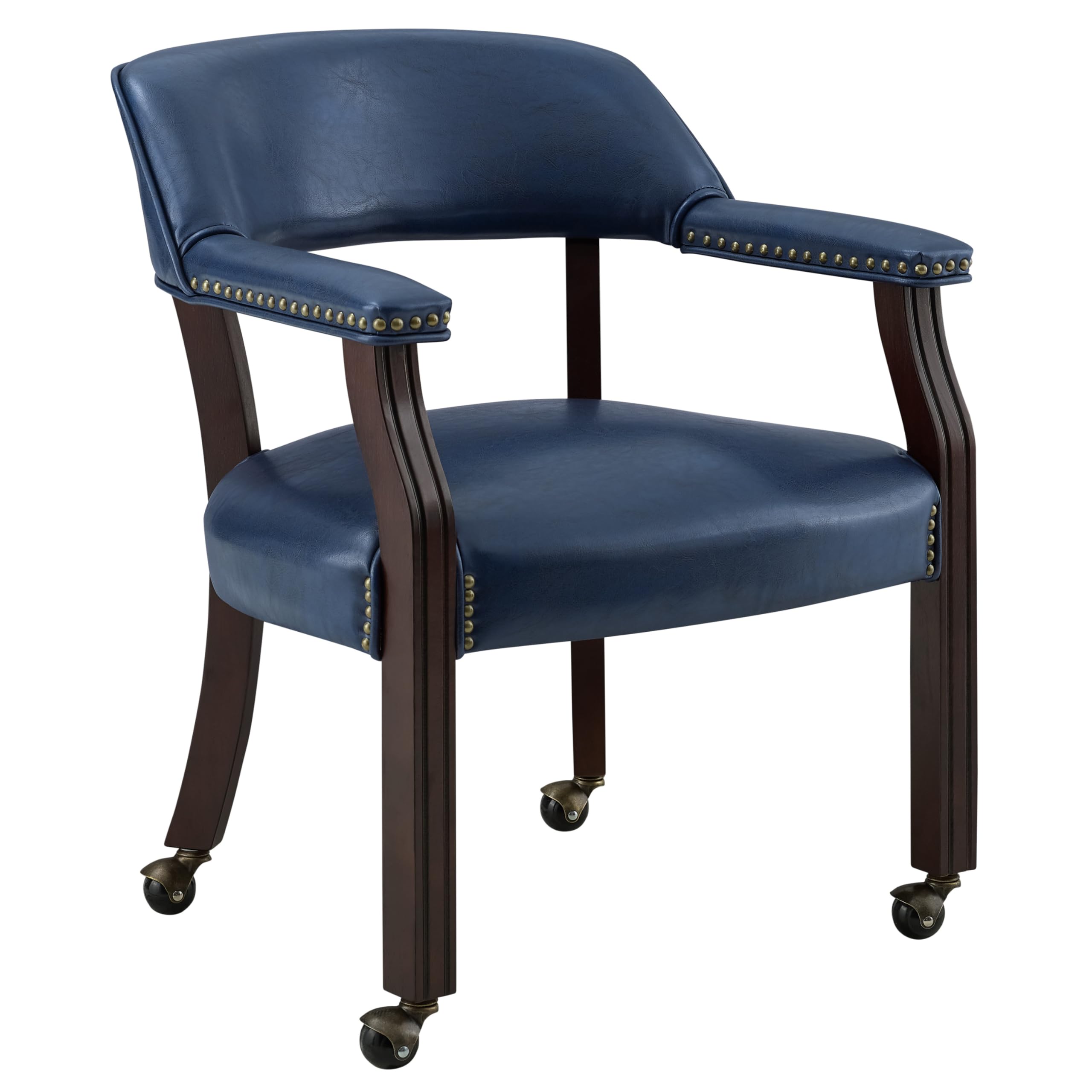 Four blue Steve Silver Tournament Dining Arm Chairs with casters arranged around a round wooden dining table in a room.