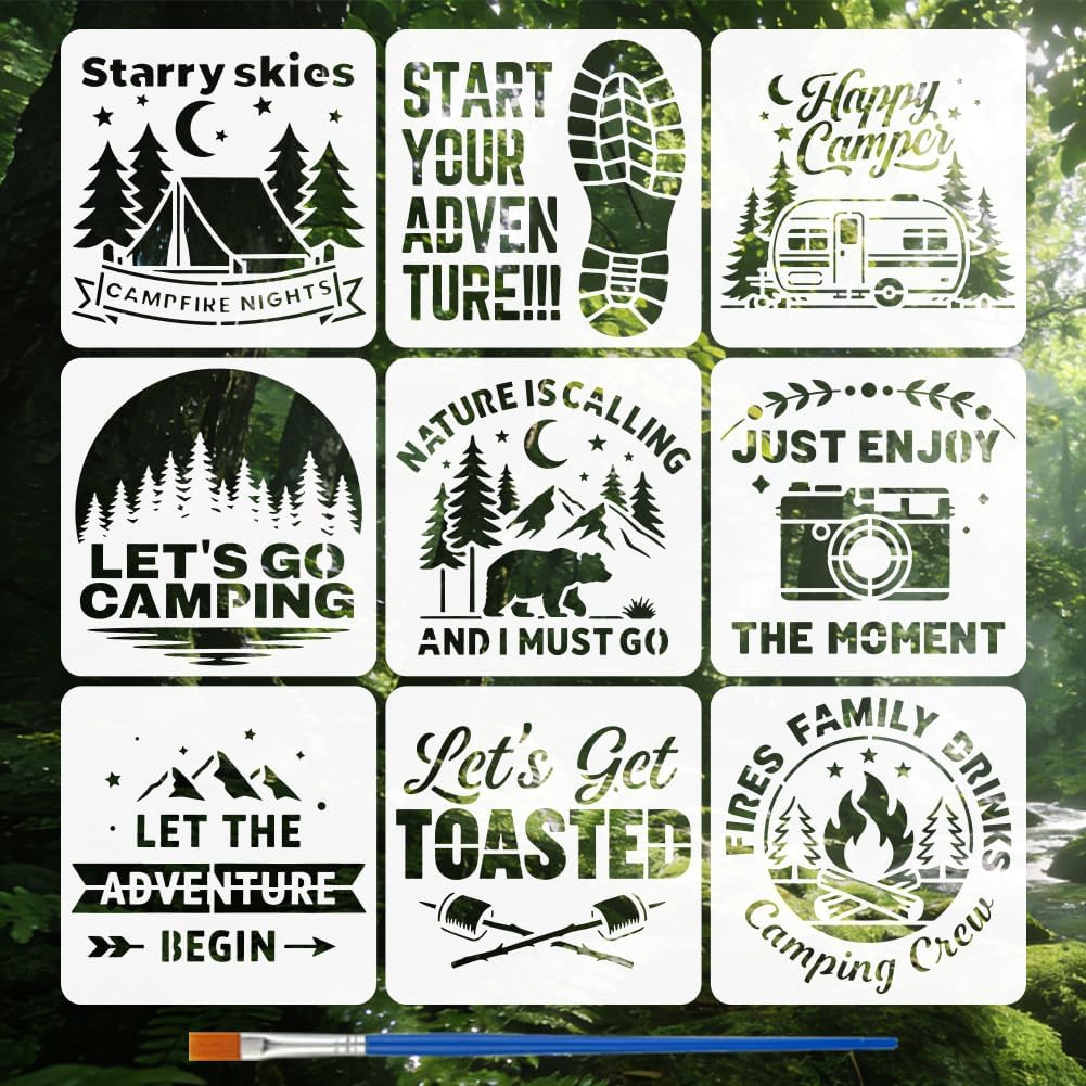 FINGERINSPIRE 9PCS Camping Forest Painting Stencils with Paint Brush 5.9x5.9inch Reusable Footprint Motorhome Flame Template Camera Bear Mountain Stencil Nature Theme Template for Painting on Wall