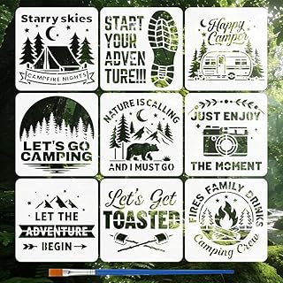 FINGERINSPIRE 9PCS Camping Forest Painting Stencils with Paint Brush 5.9x5.9inch Reusable Footprint Motorhome Flame Template Camera Bear Mountain Stencil Nature Theme Template for Painting on Wall