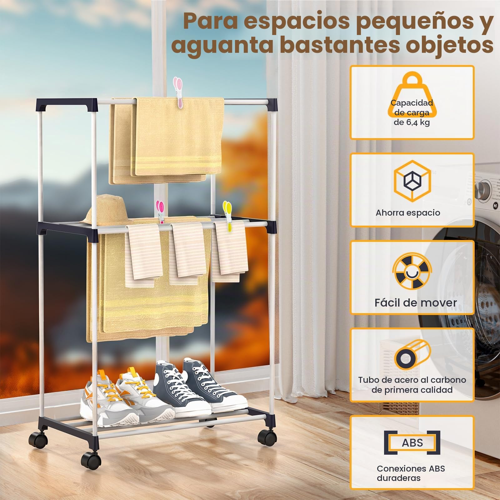 johgee Tendedero pequeño, toallero Independiente, Ahorro de Espacio, Torre con Ruedas, Soporte de Secado de Interior para baños, Apartamentos y lavanderías, 3 Niveles