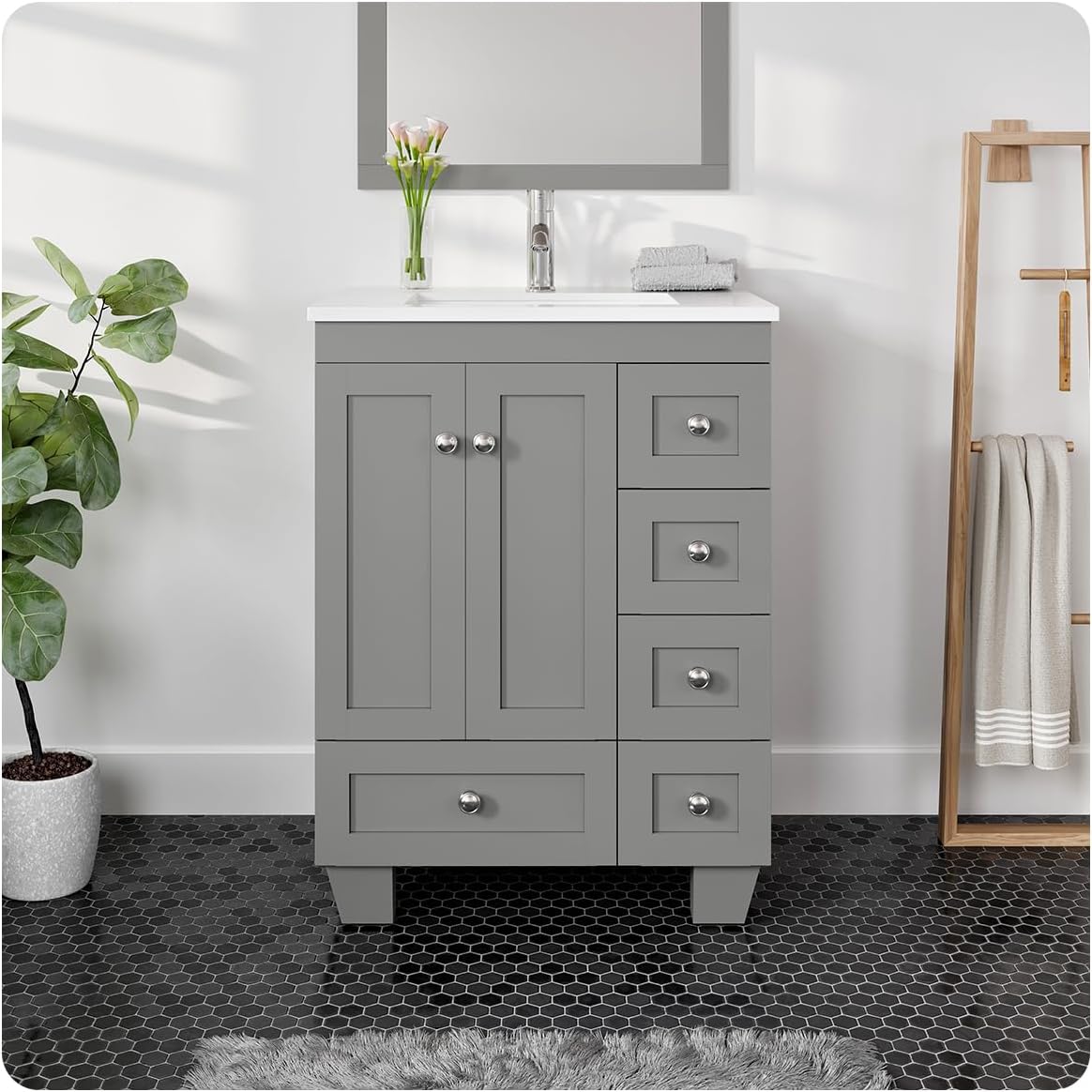 Eviva Gray Small Bathroom Vanity with Sink -Standing Single Sink Bathroom Vanity with Top - Wood Bathroom Sink Cabinet Metal Frame - Single Drawer Vanity Bathroom -24 Inch Vanity with Sink