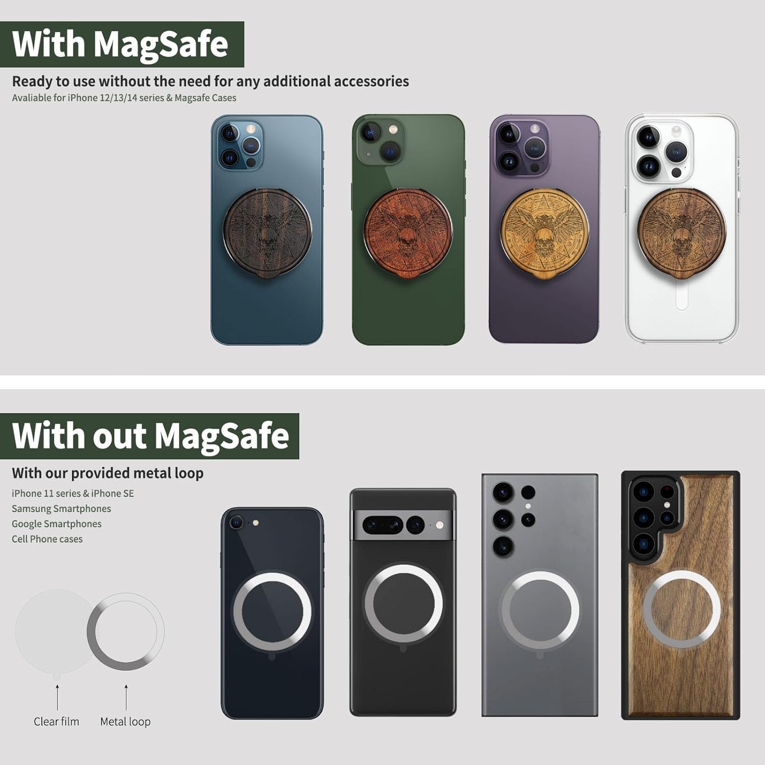 Carveit Solid Wood Design Adjustable Magnetic Phone Kickstand for MagSafe Accessories Ring Holder Stand Metal Grip Hook Compatible with iPhone 14/13/12/15/16 Pro Max (Owl and Skull - Walnut)